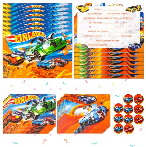 yumcute 12x Einladungskarten Auto Kindergeburtstag mit Umschlag,Car Aufklebern Geburtstagsparty Einladungen, Rennwagen Themed Truck Party Einladung kindergeburtstag Jungs Mädchen