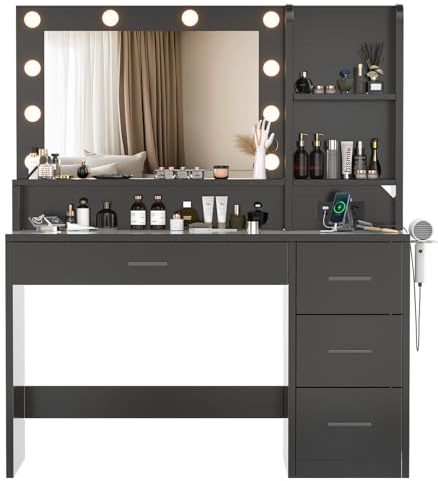 TRIUMPHKEY Toeletta da Trucco con luci LED Hollywood,Tavolo da Trucco con Porta USB e Presa di Corrente,1 Cassetto, 2 Mensole,Postazione Trucco Moderna,Per Camera da Letto (Nero)
