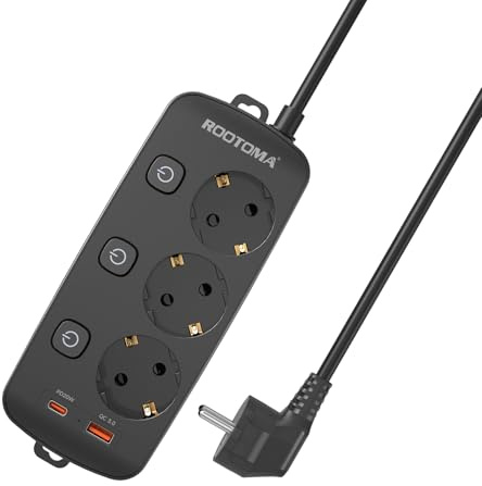 Steckdosenleiste überspannungsschutz 20W Schnellladegerät PD3.0, Schwarz | Einzeln Schaltbar, 20W PD3.0/QC3.0 USB Schnellladung, Wandmontage, 3-Fach, 1,6M