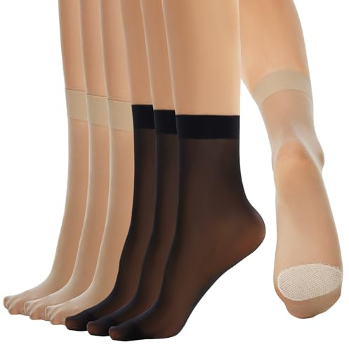 Yilanmy Nylonstrümpfe Damen,12 Paar Nylon Socken,Söckchen Seidenfein Baumwolle Sohle, 20 DEN Transparente Feinsöckchen mit Verstärkten Zehen (Schwarz, Hautfarben)