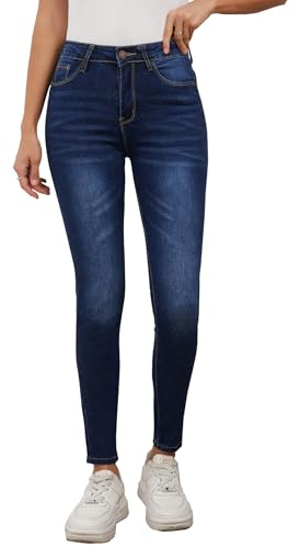Merlvida Jeans för kvinnor med hög midja push up skinny jeans stretch och bekväma jeansbyxor, Blå, L