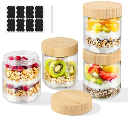 Overnight Oats Gläser mit Holz Deckel, 4 Stück 500ml Einmachgläser mit Schraubdeckel, Meal Prep Gläser mit Etiketten & Stift, für Marmelade, Salat, Milchshake, Haferflocken