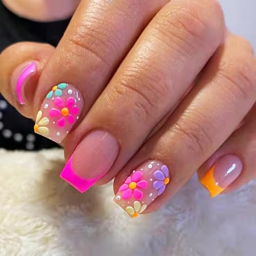 GlamRays 24 Stück 5D Relief Bunte Blumen Aufkleber Nägel Kurze Quadratische Falsche Nägel mit Margerite Design Rosa Orange Französische Spitzen auf Nägeln