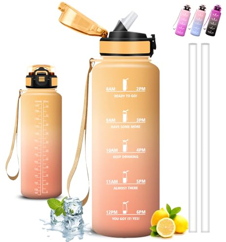 Trinkflasche, Trinkflasche 1 5 liter, Wasserflasche mit Strohhalm, Leicht zu Reinigen, Flasche Auslaufsicher, mit Motivierenden Slogans, Wasserflasche mit Zeitmarkierung, für Wandern, Yoga, Camping