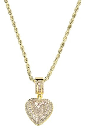 Collar con colgante de corazón chapado en oro - Base de cobre con microincrustaciones de circonitas, joya romántica en forma corazón para mujer - Ideal para uso diario y regalos (A)