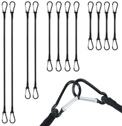 KINDPMA Spanngummi mit Karabiner 12er Set Expander mit Karabinerhaken Extra Stark Gummispanner Outdoor Schwarz Gepäckspanner in 4 Größen 30cm, 50cm, 80cm, 100cm für Plane Sonnensegel und vieles mehr