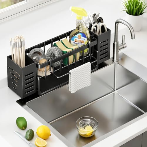 XZMCAT Spülbecken Organizer mit Abflusspfanne, Organizer Kitchen Schwammhalter, Edelstahl Spüle Organizer, für Küchenzubehör Schwamm/Wischtuch/Spülseife (mit 100 Spülensieb)