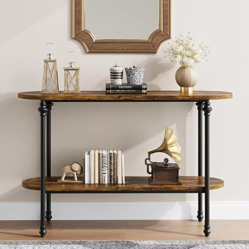 Table console étroite pour entrée – Table de canapé rustique à 2 niveaux avec dessus en bois massif et pieds en métal industriel (139,7 x 30,5 x 76,2 cm) – Meuble d'appoint élégant pour petits espaces