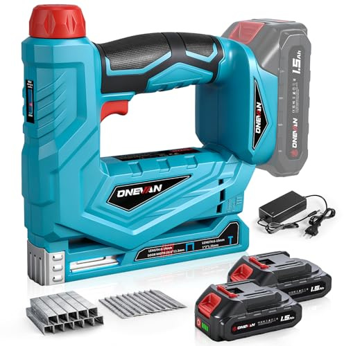 ONEVAN Akku Nagelpistole & Tacker, 2-in-1 Kabelloser Nagler, Einstellbare Tiefe, 2 Modi Einzel/Serienfeuer, inkl. 2x1.5Ah Akkus, Nagelschussgerät Akkutacker ideal für Holz, Kabel, Möbel, Motorradsitze