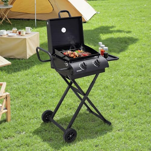 Warmiehomy Foldable Gas BBQ, 2 Burner Portable Gas BBQ Grill with Trolley | Folding Legs & Wheels, Side Table & Oil Drip Tray, Lid Thermometer Barbecue Stove for Camping Garden