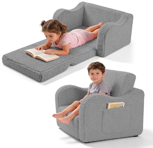 Zinueen Sofá infantil desplegable, 2 en 1, sillón para niños a partir de 1 año y sofá infantil con funda extraíble – Rincón acogedor para dormitorio infantil, suave y seguro para niñas y niños (Gris)