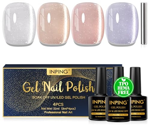 INPING Cat Eye Gel Nail Polish, HEMA-FREE TPO-FREE, 4 Colors Jelly Crytal Silver Nude Pink Purple Nail Polish with Magnet, Spring Summer Soak-Off UV/LED Gift for Girls Nail Art Varnish at Home, 8 ML