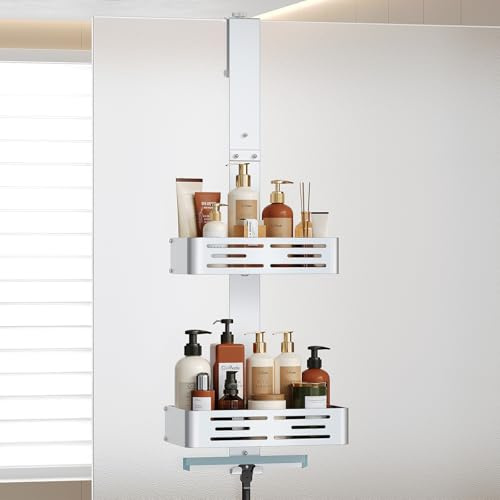 Orimade Duschablage zum Hänge Aluminium-Duschregal zum Hängen, Verstellbare Duschkorb ohne Bohren,2 Stück Badregal Hängend für Rahmenlos Glastür Silber