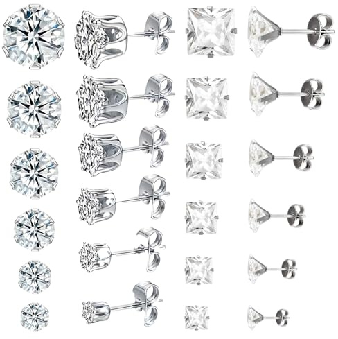 SWYZOR Lot de 12 paires de boucles d'oreilles pour homme, avec zircone cubique, hypoallergéniques, en acier titane, boucles d'oreilles en acier chirurgical, 3 à 8 mm