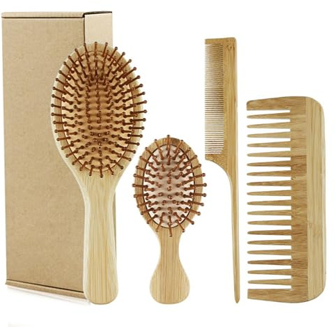 Cepillo de bambú para el crecimiento del cabello | Juego de cepillos de bambú de 4 piezas para el crecimiento del cabello, incluye peine de dientes anchos, peine de cola, paleta y pequeña para