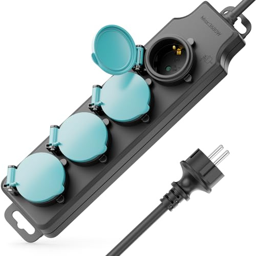 deleyCON 4 Fack Outdoor Grenuttag IP44 med 3,0m Kabel - Grenuttag för Utomhusbruk 4X Anslutningar med Lock - Ideal för Trädgård Terrass Balkong Källare Garage