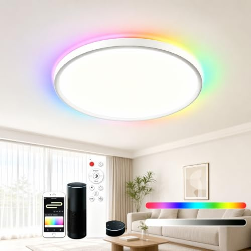 Heyseven Deckenlampe LED Deckenleuchte Dimmbar, 30W Smart RGB Deckenleuchte mit Fernbedienung, APP-Steuerung Panel LED Nachtlicht für Kinderzimmer, Kompatibel mit Alexa Google Assistant, Weiß