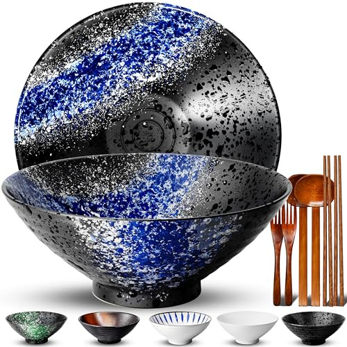 YTLEMON 9-Inch Ramen Bowl Set for 2 (8pcs) - Large Ceramic Japanese Noodle Bowls with Chopsticks Forks Spoons Perfect for Salad Serving Soup Pho Cereal Microwave Dishwasher Safe Gift for Men Women