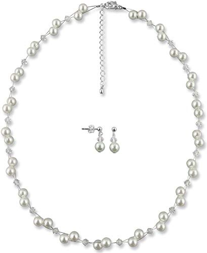 Rivelle Damen Brautschmuck Set creme Schmuckset Perlen Strasssteine kristall Kette Collier Ohrringe Hochzeit Geschenkbox