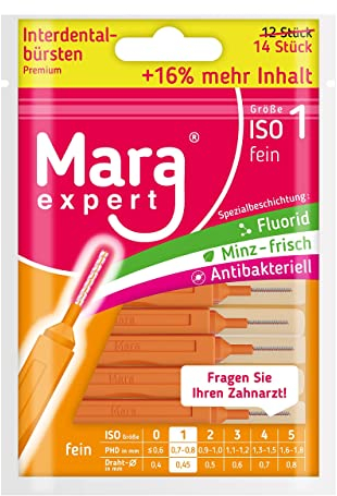 Interdentalbürsten Orange von MARA EXPERT | 0,45 mm ISO 1 Fein | 12 + 2 Zahn Zahnreinigungsbürsten für Zahnzwischenräume | Mit Pfefferminz Geschmack