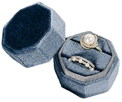 TINGFENG Caja de anillos de terciopelo con doble ranura, caja de anillo octágono, caja de joyería vintage, propuesta de cumpleaños, ceremonia de celebración de 2 anillos (gris azul)