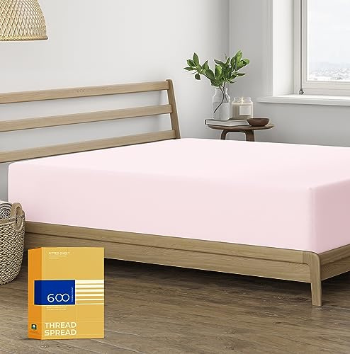 THREAD SPREAD 100% Egyptian Cotton Full Size Fitted Sheet Only - 600 Thread Count 16 Deep Pocket Full Size Fitted Sheet, Soft Cooling Sateen Weave No Pop-Off Elastic Bottom Sheet for Adults - Blush
