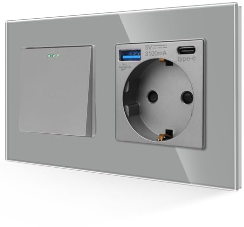 JIMEIDA 1-Fach Lichtschalter mit USB Steckdose Unterputz, 10A 250V | 1-Fach, 1-Weg, USB A+C 20W, 10A, 250V, Glas Panel, Kristall Kippschalter, Nachtleuchten, Unterputz, 157x86mm, Grau