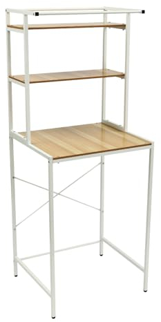 MooBeey Mensola per lavatrice a 3 piani in MDF e supporto in ferro, multifunzionale per il bagno con 3 ripiani e barra trasversale, ripiano sopra la lavatrice per bagno (bianco+legno)