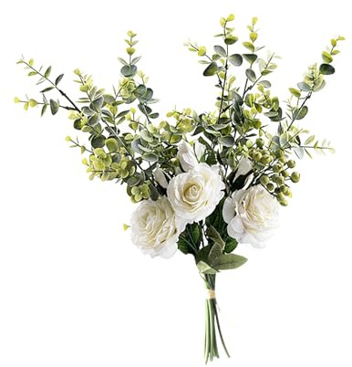 Fnjuucw Künstliche Blumen Rosen Eukalyptus Kunstblumen Pflanzen Deko Blumenarrangements für Hochzeit Dekoration Tisch Mittelstücke (weiß)