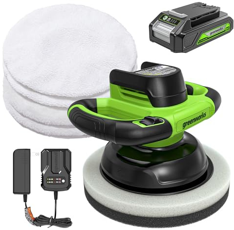 Greenworks 24V Powerful Cordless Car Buffer & Polisher, 10-inch pad 2800 RPM waxing machine with 4 Buffing Bonnets, 2.0Ah Battery & 2A Charger included