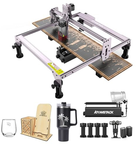 ATOMSTACK A 5Pro 40W Grabadora láser con rodillo rotatorio R3 Pro, grabado láser de potencia de 5,5 W, cortador láser de enfoque de 0,2 mm² para madera contrachapada, acrílico, papel, cuero