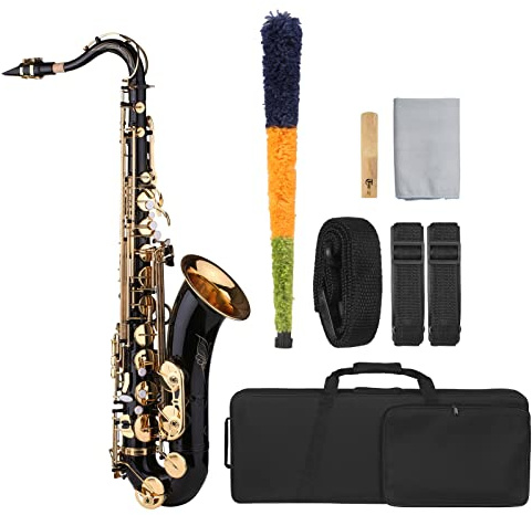 YIWEOG Saxofón Tenor en si Bemol Saxofón Lacado en Negro en si Bemol con Estuche para Instrumentos Boquilla Correa para el Cuello Paño de Limpieza Cepillo para músicos Principiantes