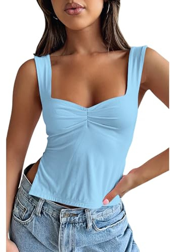 OYIGELZ Débardeur d'été à bretelles pour femme - Haut camisole sans manches - Hauts Y2K coupe ajustée crop tops - Fente latérale - Dos nu - Sexy - Plissé - Élégant - Basique - Débardeur cami shirt