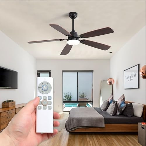 HYBEC - Ventilador techo negro 107 cm con luz LED 20W y mando | Motor DC silencioso | Aspas madera grainy | 2 Tijas incluidas | Ideal para salones modernos