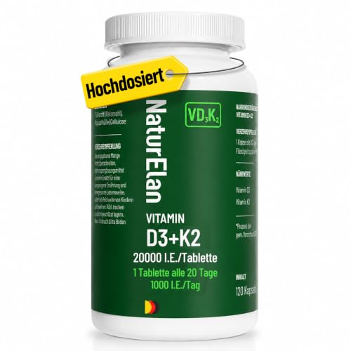 Vitamin d3 k2 hochdosiert - 20000I.E./Tablette, 1 Tablette alle 20 Tage | mit Vitamin K2 MK7 200 mcg pro Dosis, 2+ Jahre Vorrat, 1000 IE pro Tag, Vegetarisch, In Deutschland Produziert