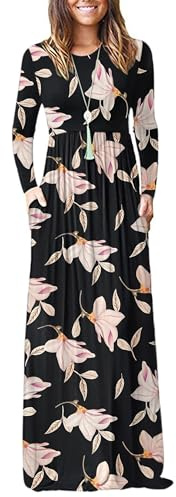 AUSELILY Mujer Vestidos Largos de Manga Larga Sueltos Lisos de Talla Grande Vestidos Largos Casuales con Bolsillos