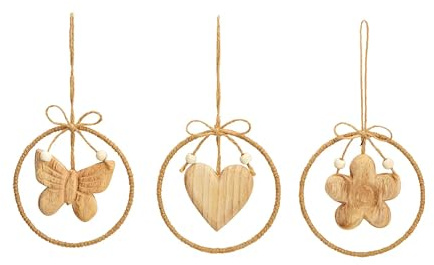 Holzanhänger Set 3-teilig – Blume, Herz & Schmetterling | Naturdeko zum Aufhängen | Handgefertigt aus Paulownia-Holz | Boho-Dekoration