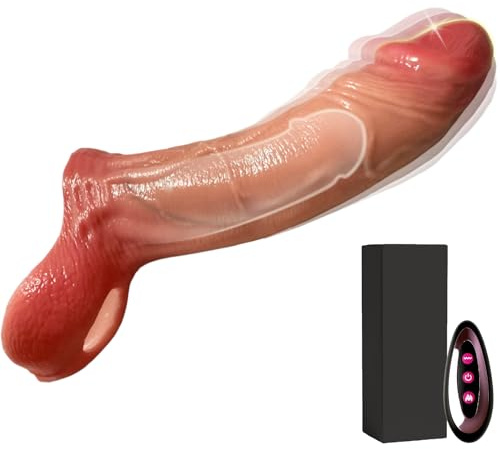 Vibradora Fundas Pene con Anillo Testicular Alargador Vibración Extensor de Pene Silicona Anillo Realista Consolador con Control Remoto Juguetes Sexuales, 9 Modos de Vibración, Color de piel