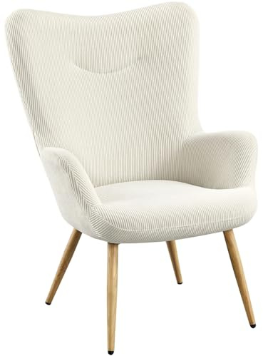 Yaheetech Öronfåtölj, elegant armfåtölj av manchestertyg med fällbart ryggstöd, fåtölj som kan belastas upp till 136 kg, fåtölj för vardagsrum/sovrum, beige