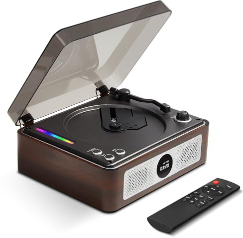 THINKYA Y11 Retro CD Player with Bluetooth, Portable Desktop CD Player for Home with Dual HiFi Speakers & Remote Control, USB/AUX/SPDIF Output, Brown