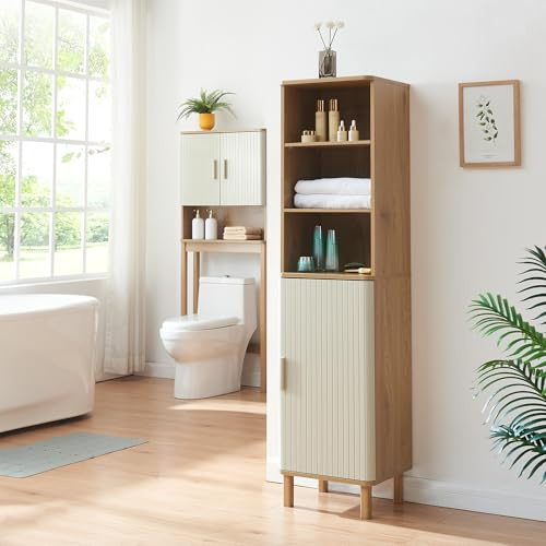 [en.casa] Armario Alto de Baño Ferrersp con 1 Puerta y 6 Compartimentos Mueble Alto de Baño Mueble Auxiliar para Cocina Dormitorio 160 x 42 x 35 cm MDF Pino - Roble/Arena