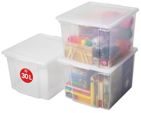 Iris Ohyama Scatole Portaoggetti, 30L, Set di 3, Trasparente, Chiusura facile, Impilabile, Plastica Trasparente, Per Armadio, Scaffali, Organizzazione, Vestiti, Coperte, Forniture per garage, USB-M
