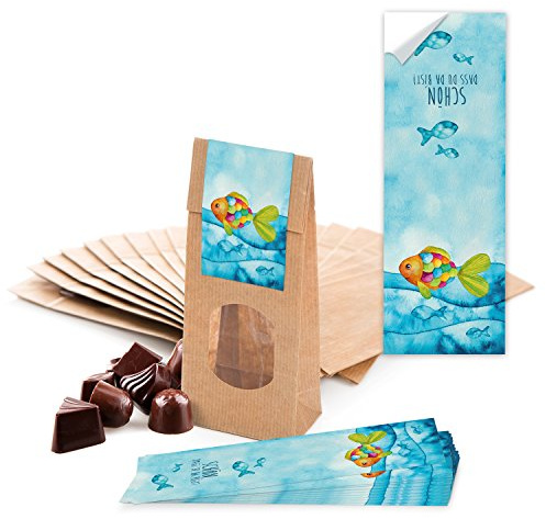 Logbuch-Verlag 25 Geschenktüten mit Fenster FISCHE SCHÖN DASS DU DA BIST Kinder maritim Papierbeutel mit Aufkleber 7 x 4 x 20,5 cm Mitgebsel give-away