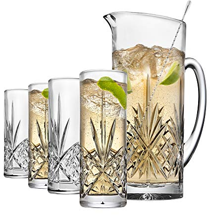 Godinger Barware Beverage Set - Mixing Pitcher Carafe, Stirrer and 4 Collins Tall Drinking Glasses - Dublin Collection