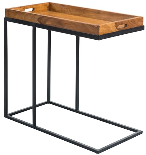FineBuy Beistelltisch 69x34x65 cm Sheesham Massivholz, TV-Tray | Tabletttisch mit Metallgestell, Serviertisch passt unter das Sofa, Laptoptisch fürs Wohnzimmer, handgefertigt