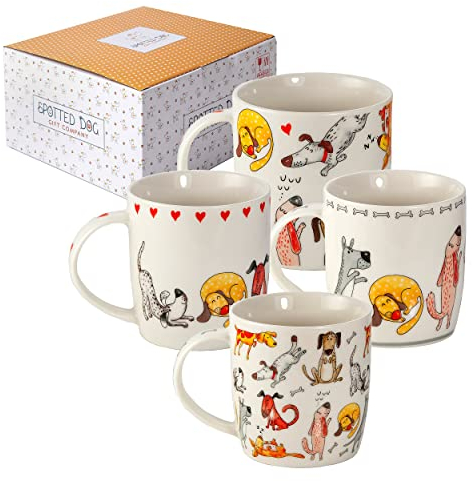 SPOTTED DOG GIFT COMPANY Dog Mugs Set of 4 – 350ml Ceramic China Coffee Mugs & Tea Cups - Funny Cute Dogs Themed | Dog Lover Gifts & Presents for Women, Men & Kids