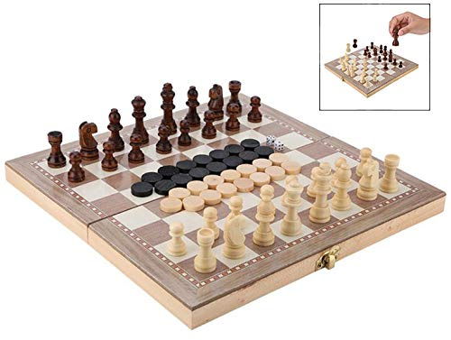 iPobie 3 in 1 Scacchiera da Viaggio,Scacchi Dama Legno/Portatile Pieghevole Scacchiera Western Gioco Doppio Chess Set