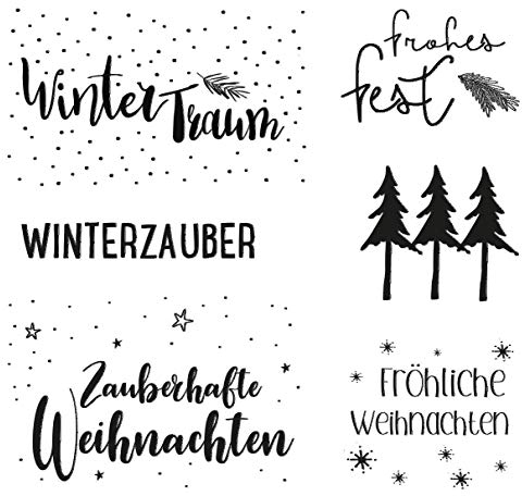 Rayher Clear Stamps Weihnachtsgrüße, 6 Motive, klar, transparente Stempel, durchsichtig, Silikonstempel, 50221000, Weiß, Bogen 97 x 102,5 mm