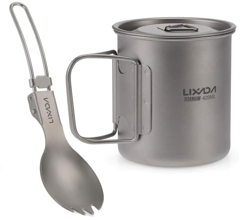 Lixada 420ml Titanium Mug Portable Camping Cups Foldable Ultralight Mug with Lid Picnic Titanium Cup with Folding Spork for Outdoor Camping Picnics