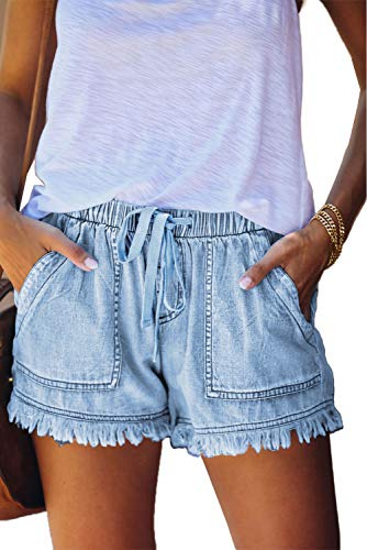 HVEPUO Linne- och bomullsshorts för damer, med elastiskt band, hotpants för sommaren, breda och korta byxor